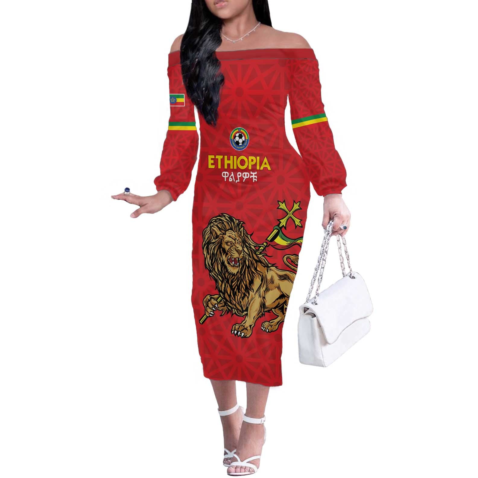 Custom Ethiopia Football Off The Shoulder Long Sleeve Dress Come On Walia Ibex
