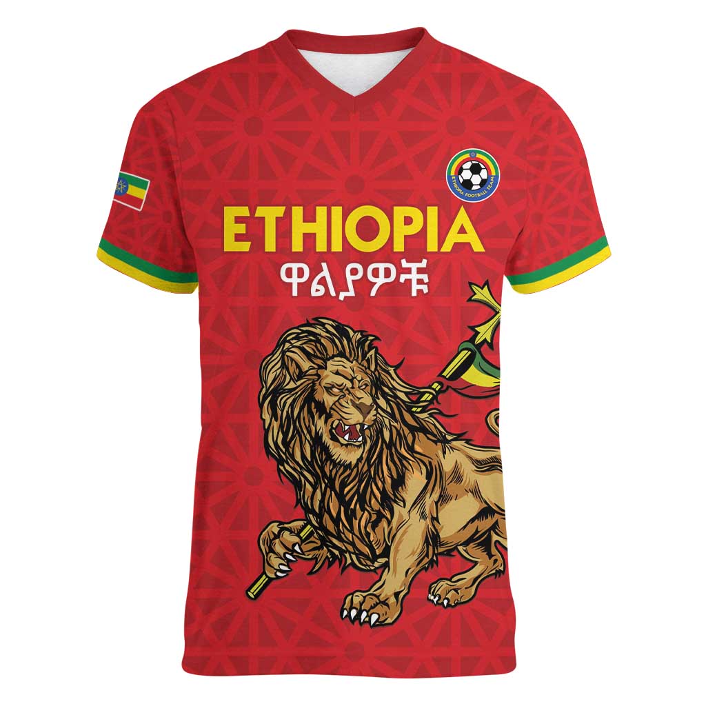 Custom Ethiopia Football Women V-Neck T-Shirt Come On Walia Ibex