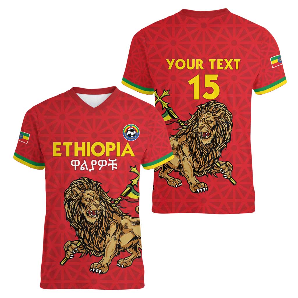 Custom Ethiopia Football Women V-Neck T-Shirt Come On Walia Ibex