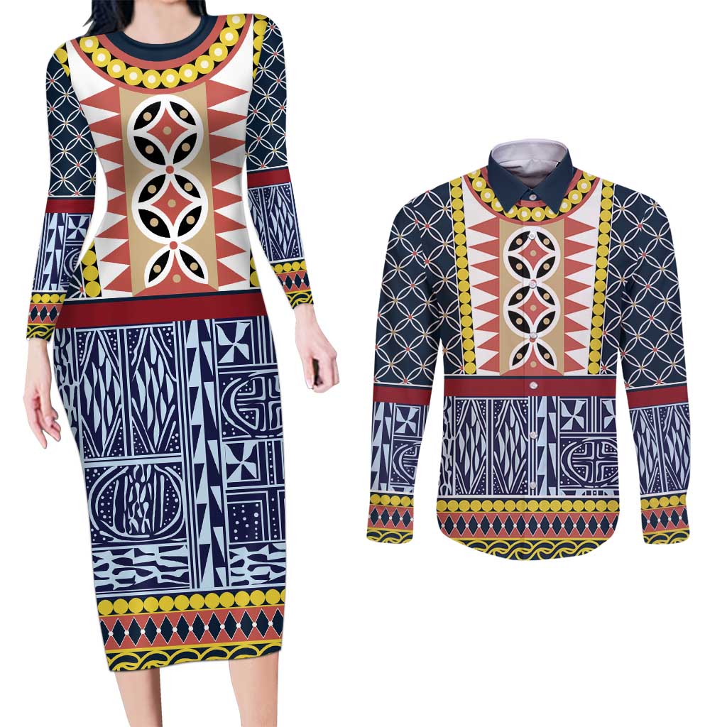 Toghu Bamenda Couples Matching Long Sleeve Bodycon Dress and Long Sleeve Button Shirt Cameroon North West Traditional Pattern