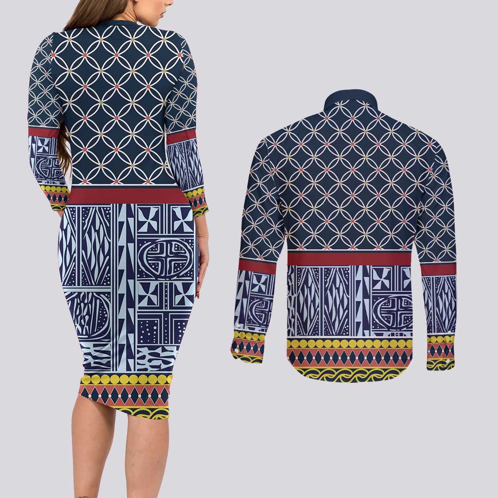 Toghu Bamenda Couples Matching Long Sleeve Bodycon Dress and Long Sleeve Button Shirt Cameroon North West Traditional Pattern