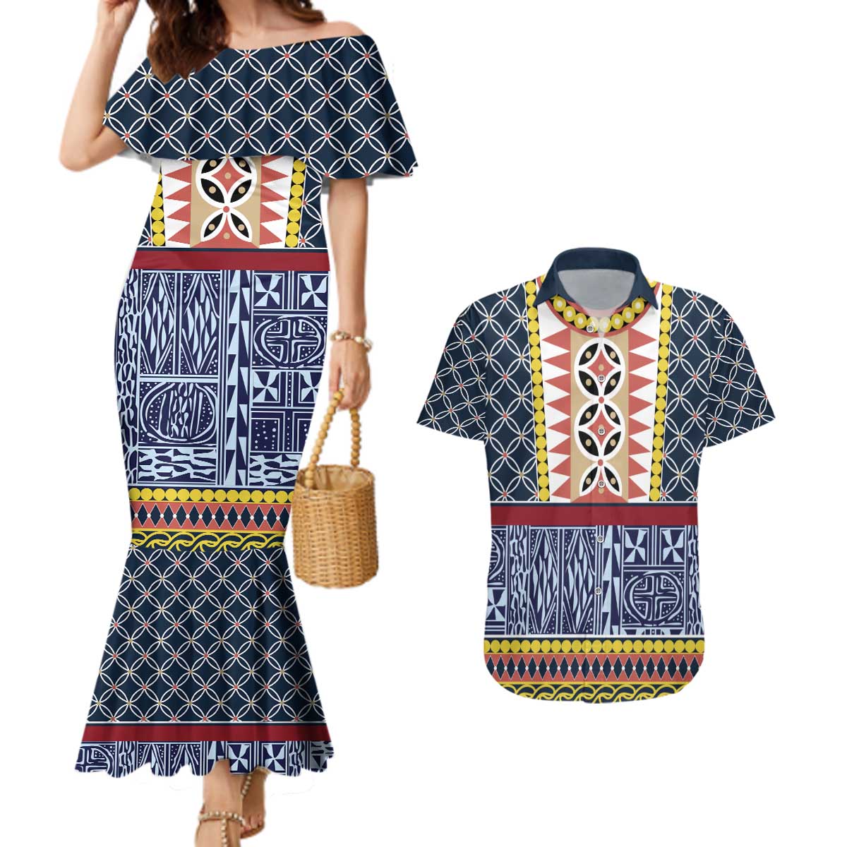 Toghu Bamenda Couples Matching Mermaid Dress and Hawaiian Shirt Cameroon North West Traditional Pattern