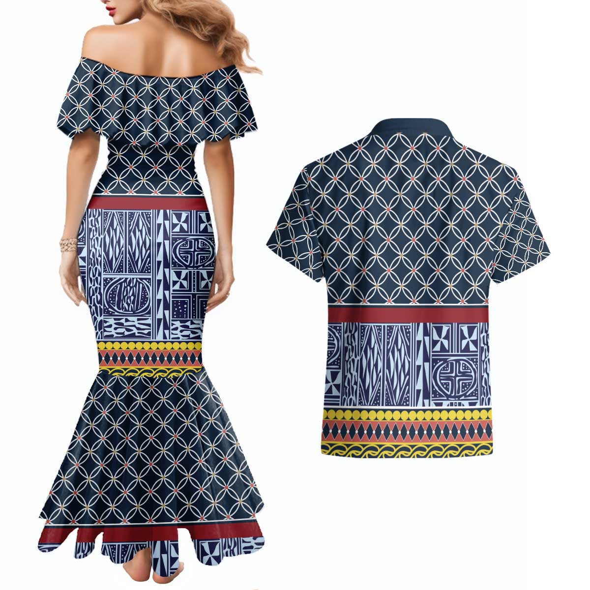 Toghu Bamenda Couples Matching Mermaid Dress and Hawaiian Shirt Cameroon North West Traditional Pattern