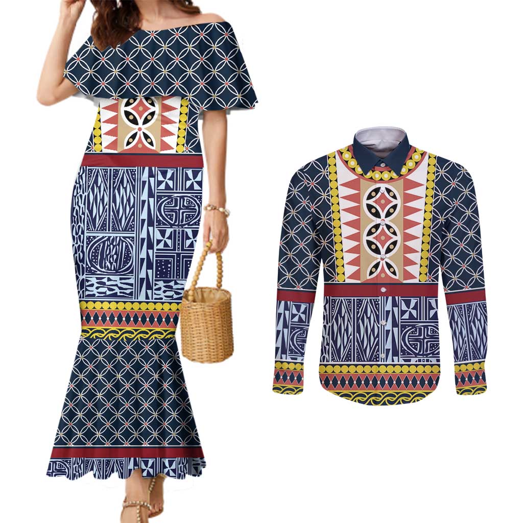 Toghu Bamenda Couples Matching Mermaid Dress and Long Sleeve Button Shirt Cameroon North West Traditional Pattern