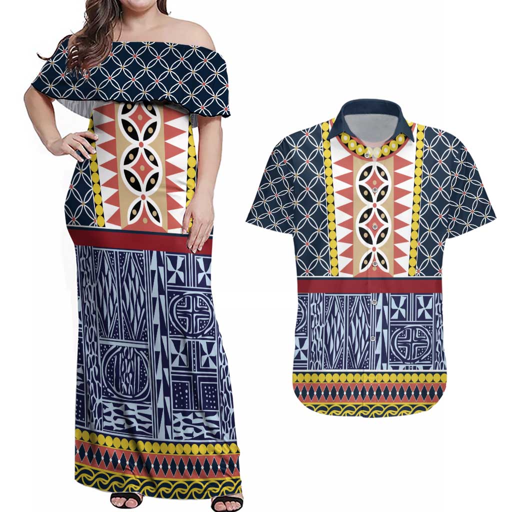 Toghu Bamenda Couples Matching Off Shoulder Maxi Dress and Hawaiian Shirt Cameroon North West Traditional Pattern