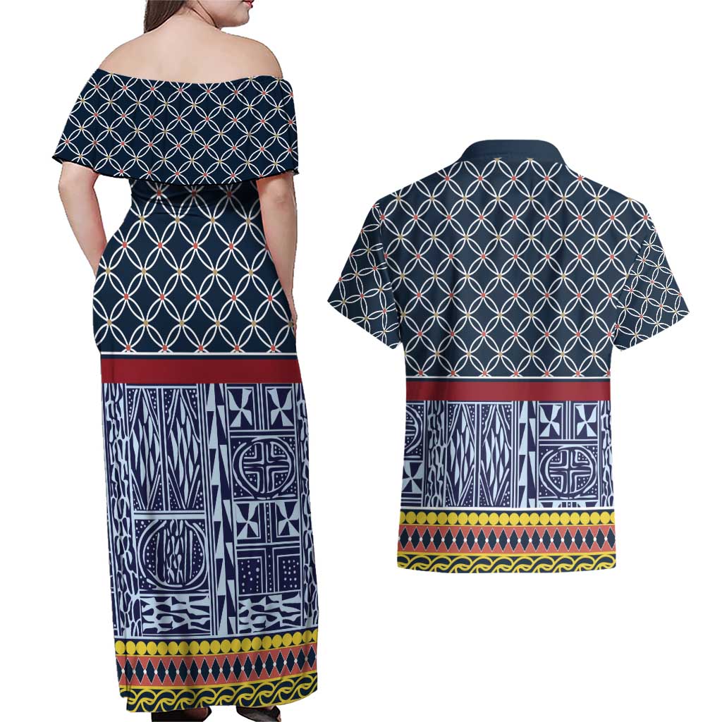 Toghu Bamenda Couples Matching Off Shoulder Maxi Dress and Hawaiian Shirt Cameroon North West Traditional Pattern