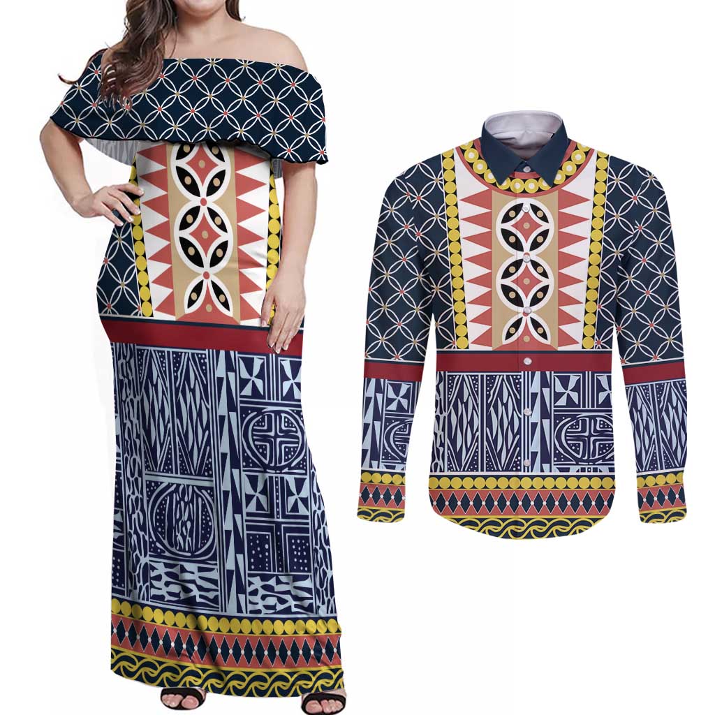 Toghu Bamenda Couples Matching Off Shoulder Maxi Dress and Long Sleeve Button Shirt Cameroon North West Traditional Pattern
