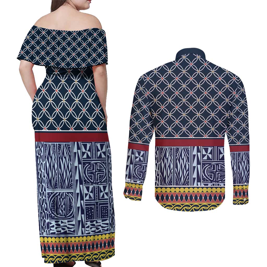 Toghu Bamenda Couples Matching Off Shoulder Maxi Dress and Long Sleeve Button Shirt Cameroon North West Traditional Pattern