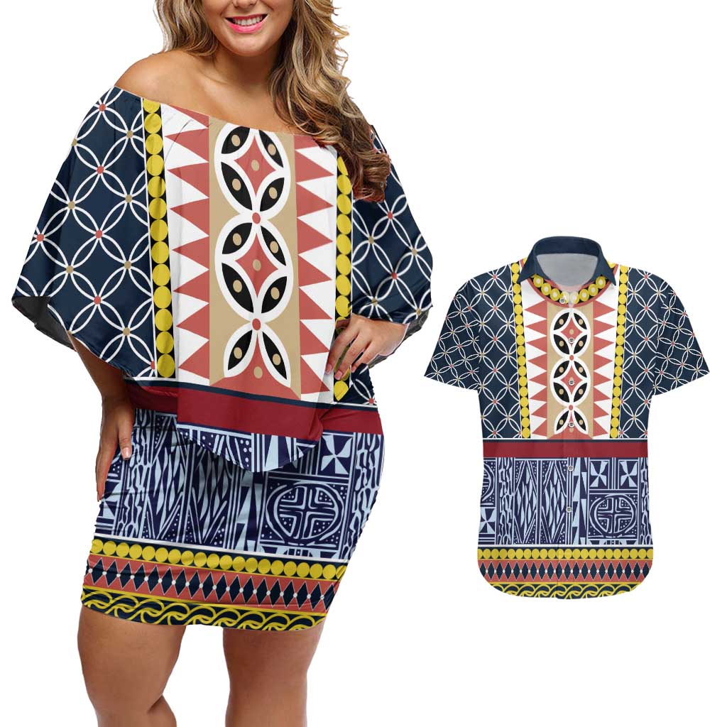Toghu Bamenda Couples Matching Off Shoulder Short Dress and Hawaiian Shirt Cameroon North West Traditional Pattern