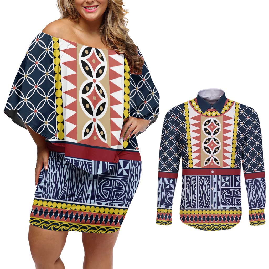 Toghu Bamenda Couples Matching Off Shoulder Short Dress and Long Sleeve Button Shirt Cameroon North West Traditional Pattern