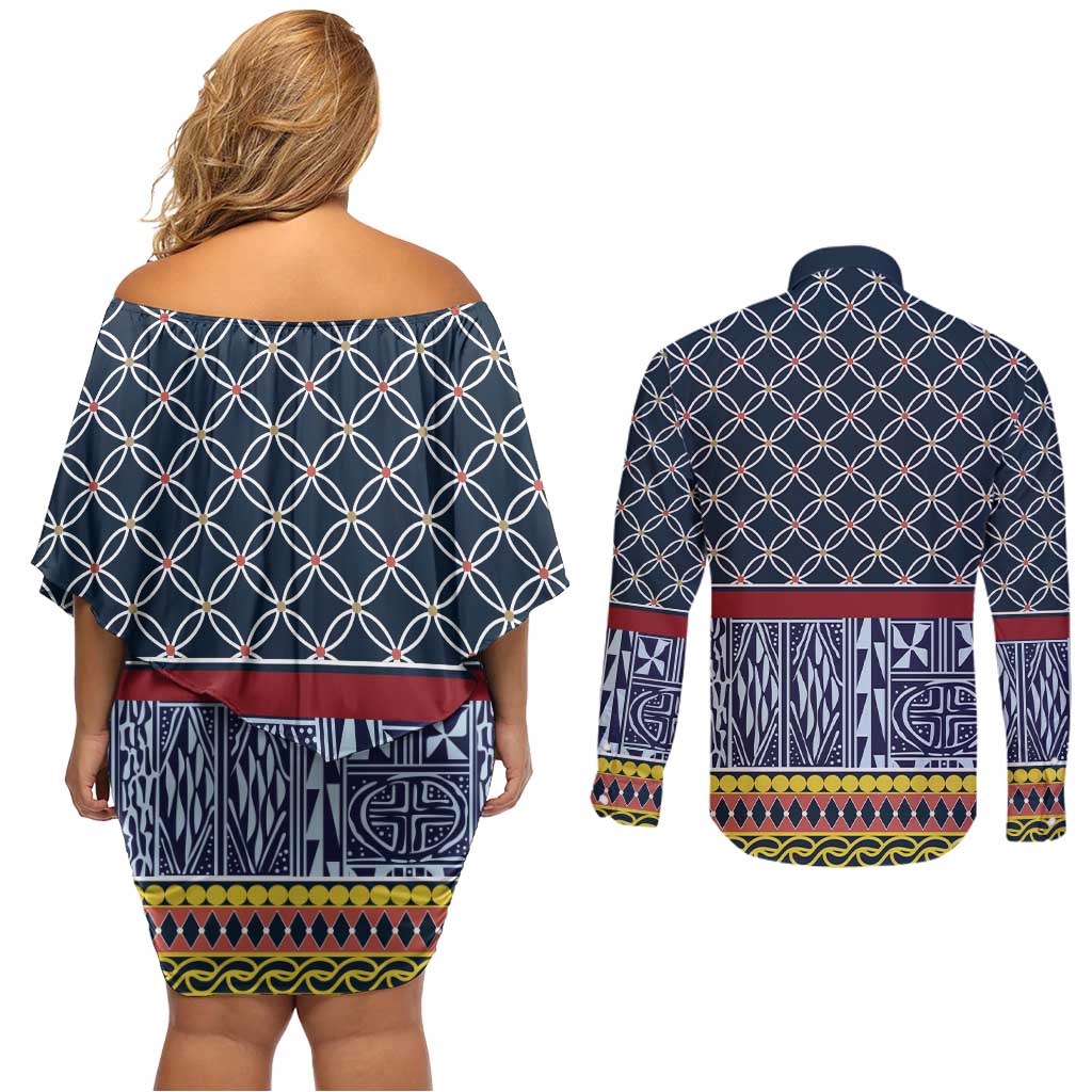 Toghu Bamenda Couples Matching Off Shoulder Short Dress and Long Sleeve Button Shirt Cameroon North West Traditional Pattern