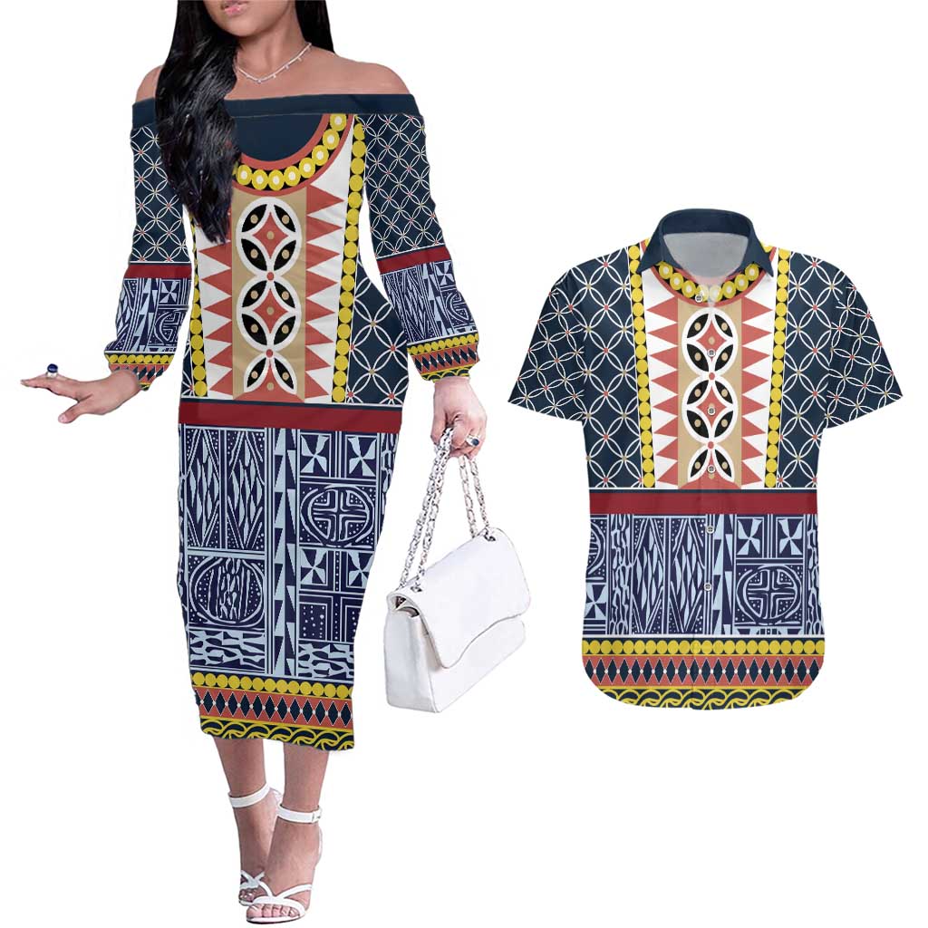 Toghu Bamenda Couples Matching Off The Shoulder Long Sleeve Dress and Hawaiian Shirt Cameroon North West Traditional Pattern