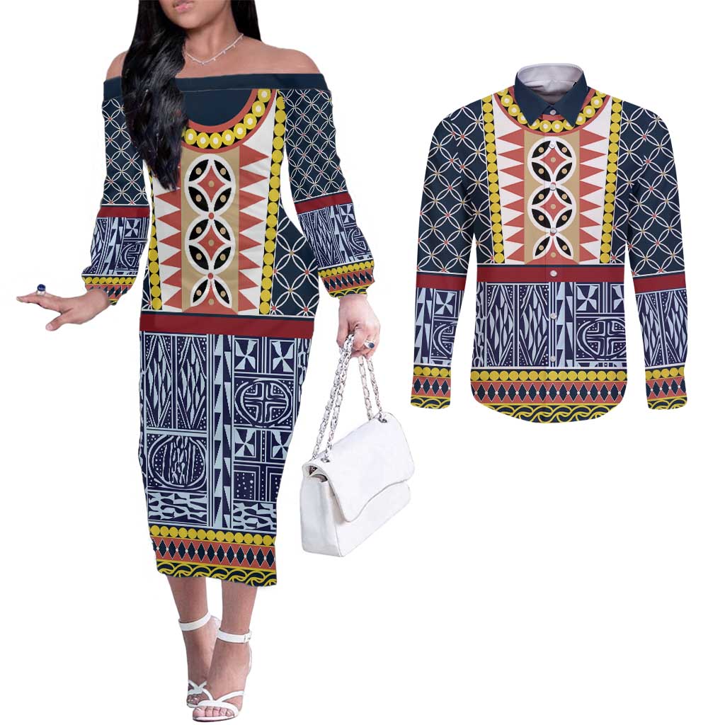 Toghu Bamenda Couples Matching Off The Shoulder Long Sleeve Dress and Long Sleeve Button Shirt Cameroon North West Traditional Pattern