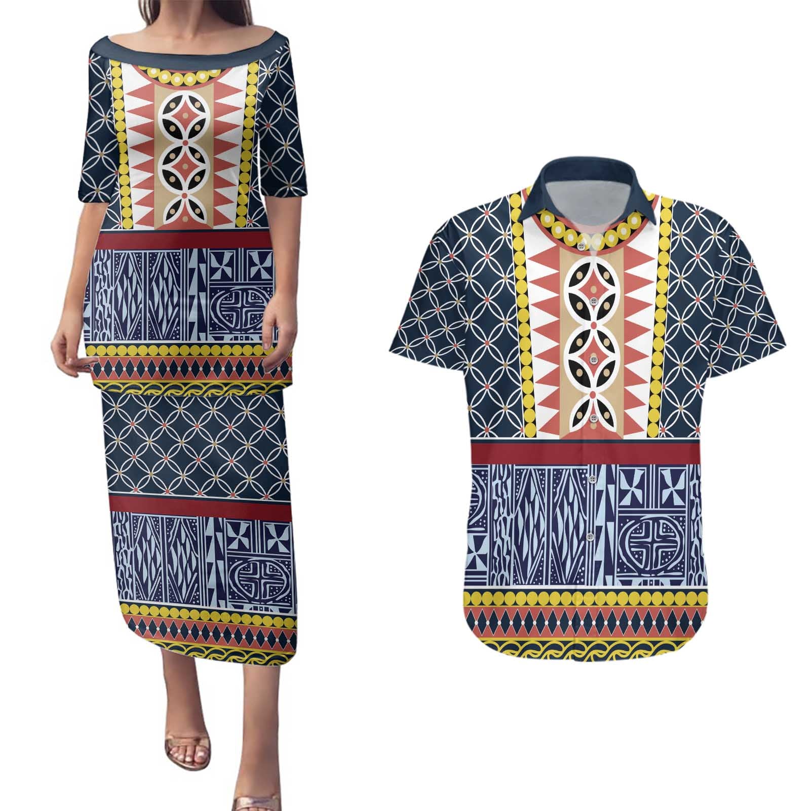 Toghu Bamenda Couples Matching Puletasi and Hawaiian Shirt Cameroon North West Traditional Pattern