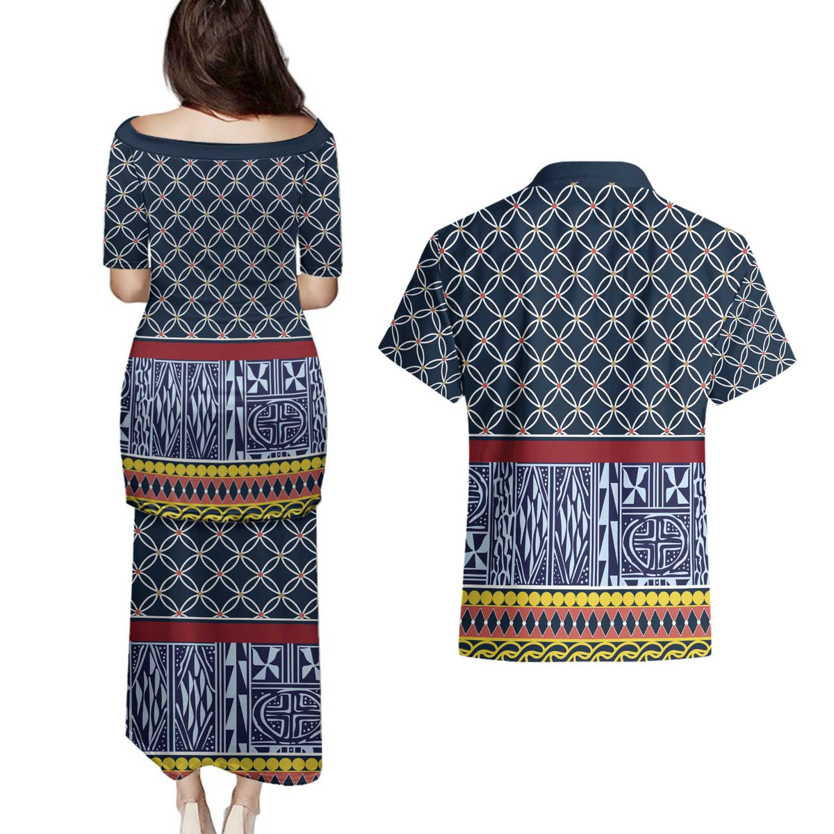 Toghu Bamenda Couples Matching Puletasi and Hawaiian Shirt Cameroon North West Traditional Pattern