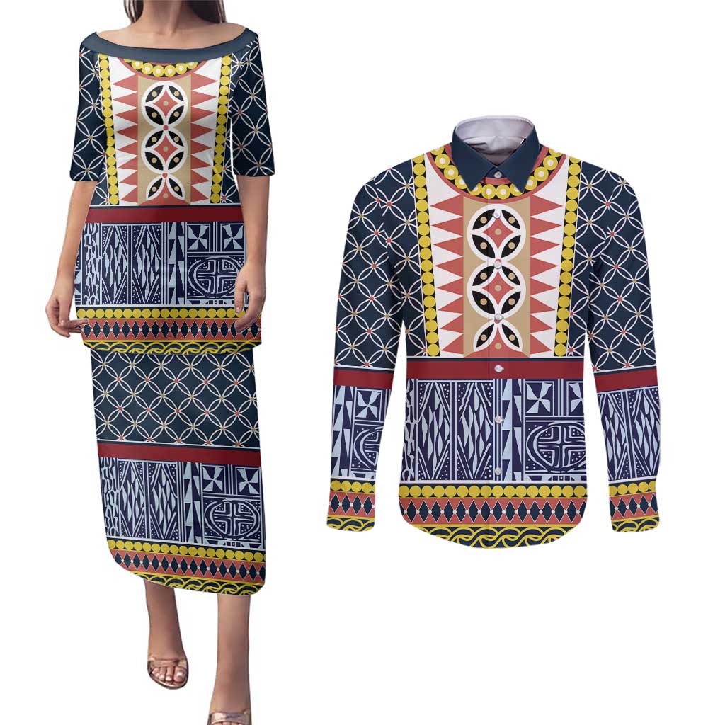 Toghu Bamenda Couples Matching Puletasi and Long Sleeve Button Shirt Cameroon North West Traditional Pattern