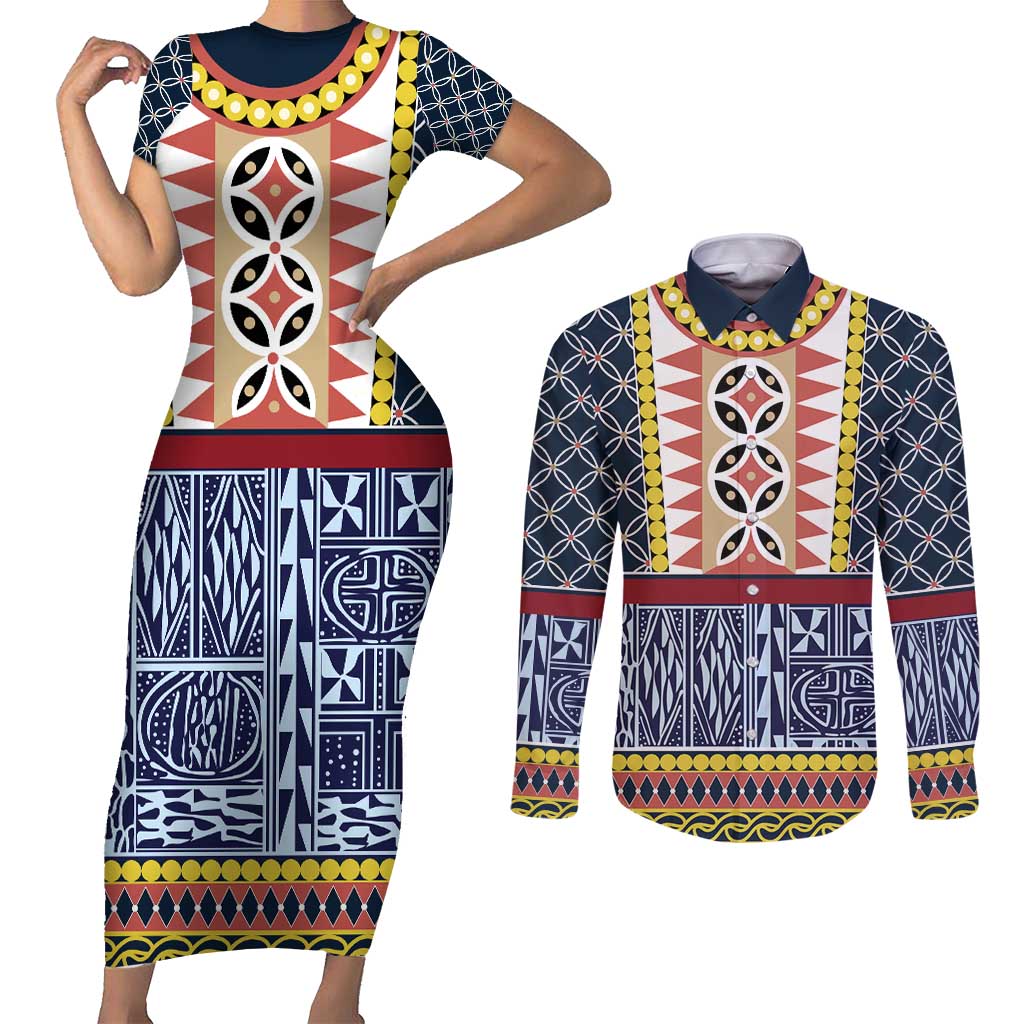 Toghu Bamenda Couples Matching Short Sleeve Bodycon Dress and Long Sleeve Button Shirt Cameroon North West Traditional Pattern