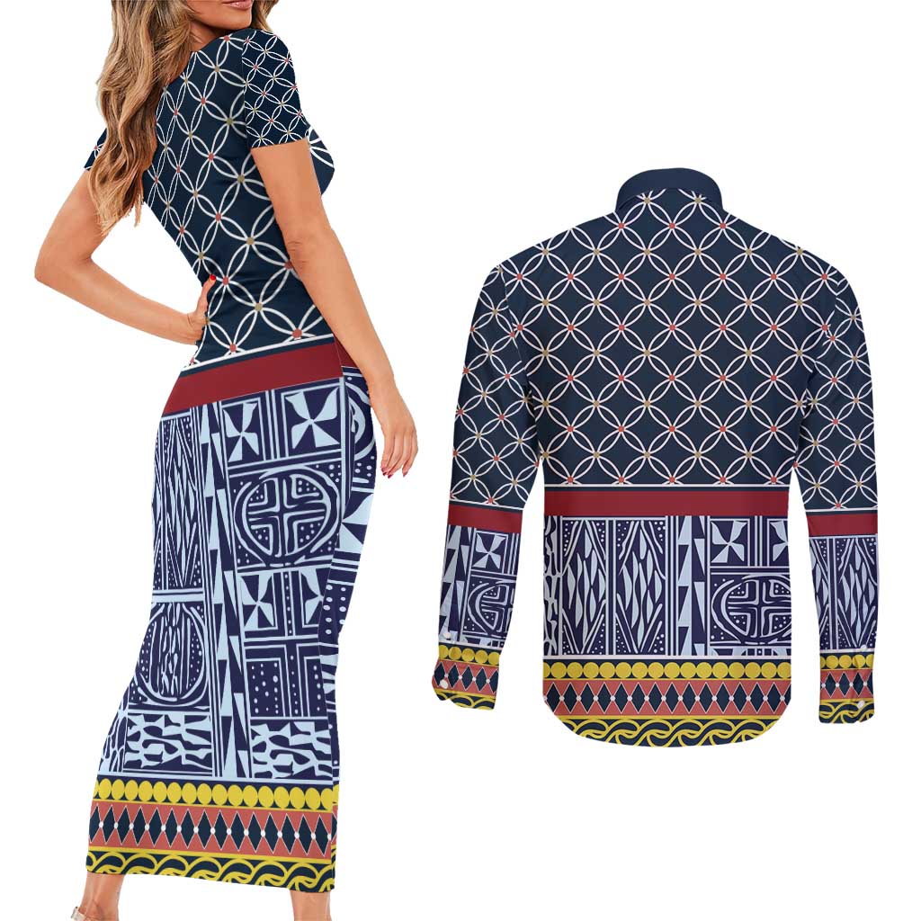 Toghu Bamenda Couples Matching Short Sleeve Bodycon Dress and Long Sleeve Button Shirt Cameroon North West Traditional Pattern