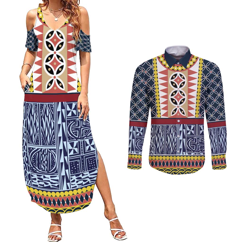 Toghu Bamenda Couples Matching Summer Maxi Dress and Long Sleeve Button Shirt Cameroon North West Traditional Pattern