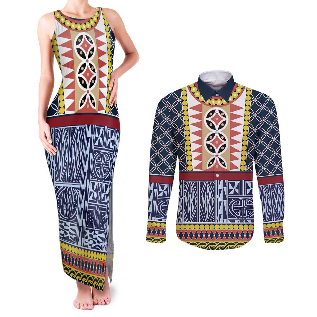 Toghu Bamenda Couples Matching Tank Maxi Dress and Long Sleeve Button Shirt Cameroon North West Traditional Pattern