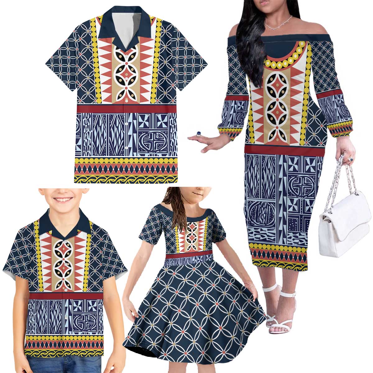 Toghu Bamenda Family Matching Off The Shoulder Long Sleeve Dress and Hawaiian Shirt Cameroon North West Traditional Pattern