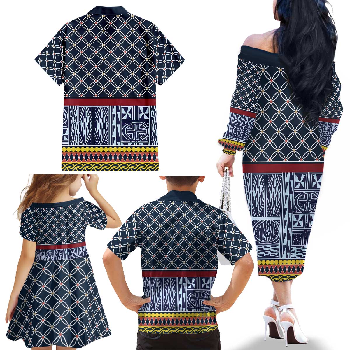 Toghu Bamenda Family Matching Off The Shoulder Long Sleeve Dress and Hawaiian Shirt Cameroon North West Traditional Pattern
