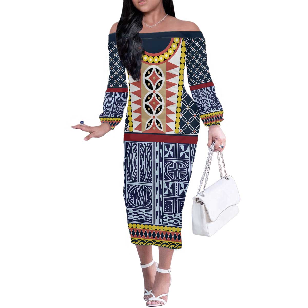 Toghu Bamenda Family Matching Off The Shoulder Long Sleeve Dress and Hawaiian Shirt Cameroon North West Traditional Pattern