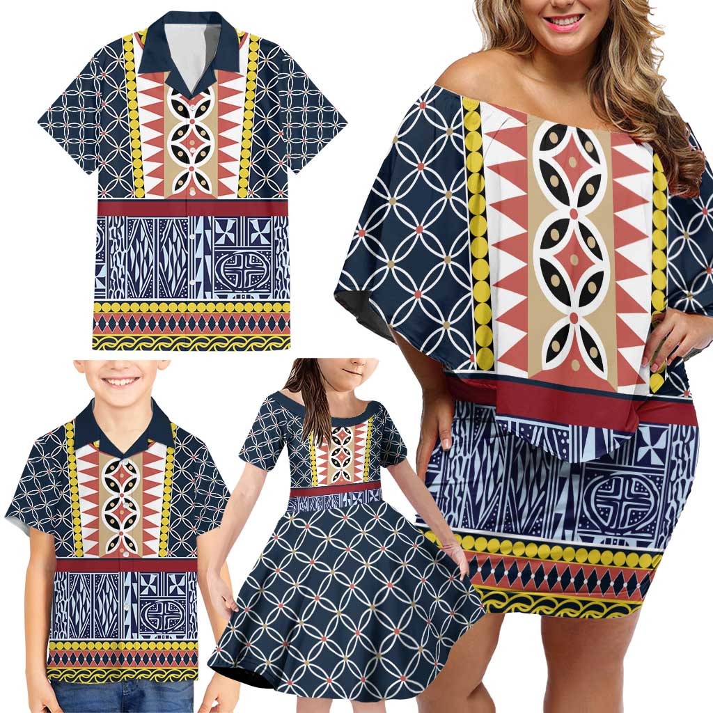 Toghu Bamenda Family Matching Off Shoulder Short Dress and Hawaiian Shirt Cameroon North West Traditional Pattern