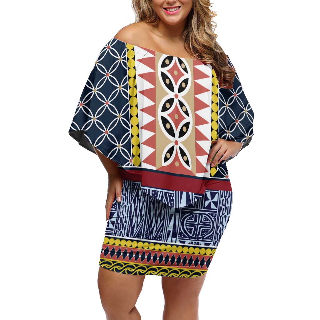 Toghu Bamenda Family Matching Off Shoulder Short Dress and Hawaiian Shirt Cameroon North West Traditional Pattern