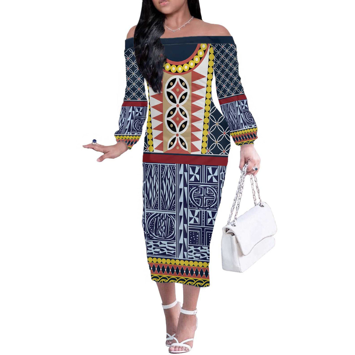 Toghu Bamenda Off The Shoulder Long Sleeve Dress Cameroon North West Traditional Pattern