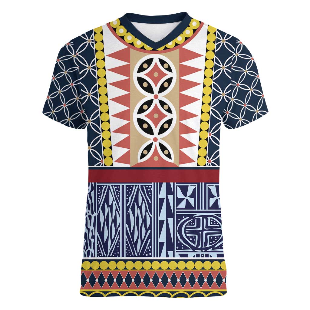 Toghu Bamenda Women V-Neck T-Shirt Cameroon North West Traditional Pattern