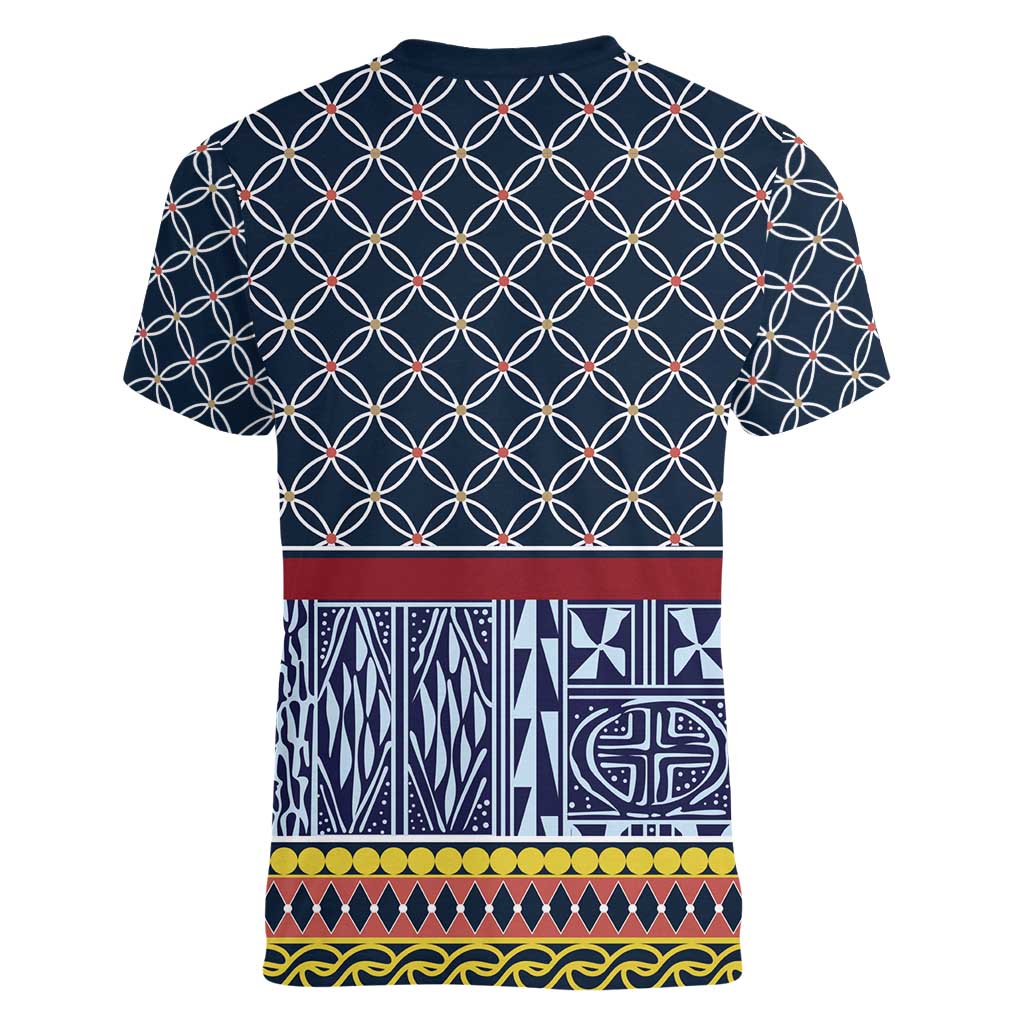 Toghu Bamenda Women V-Neck T-Shirt Cameroon North West Traditional Pattern