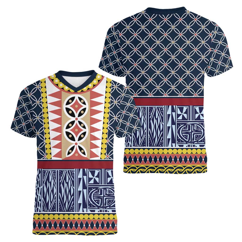 Toghu Bamenda Women V-Neck T-Shirt Cameroon North West Traditional Pattern