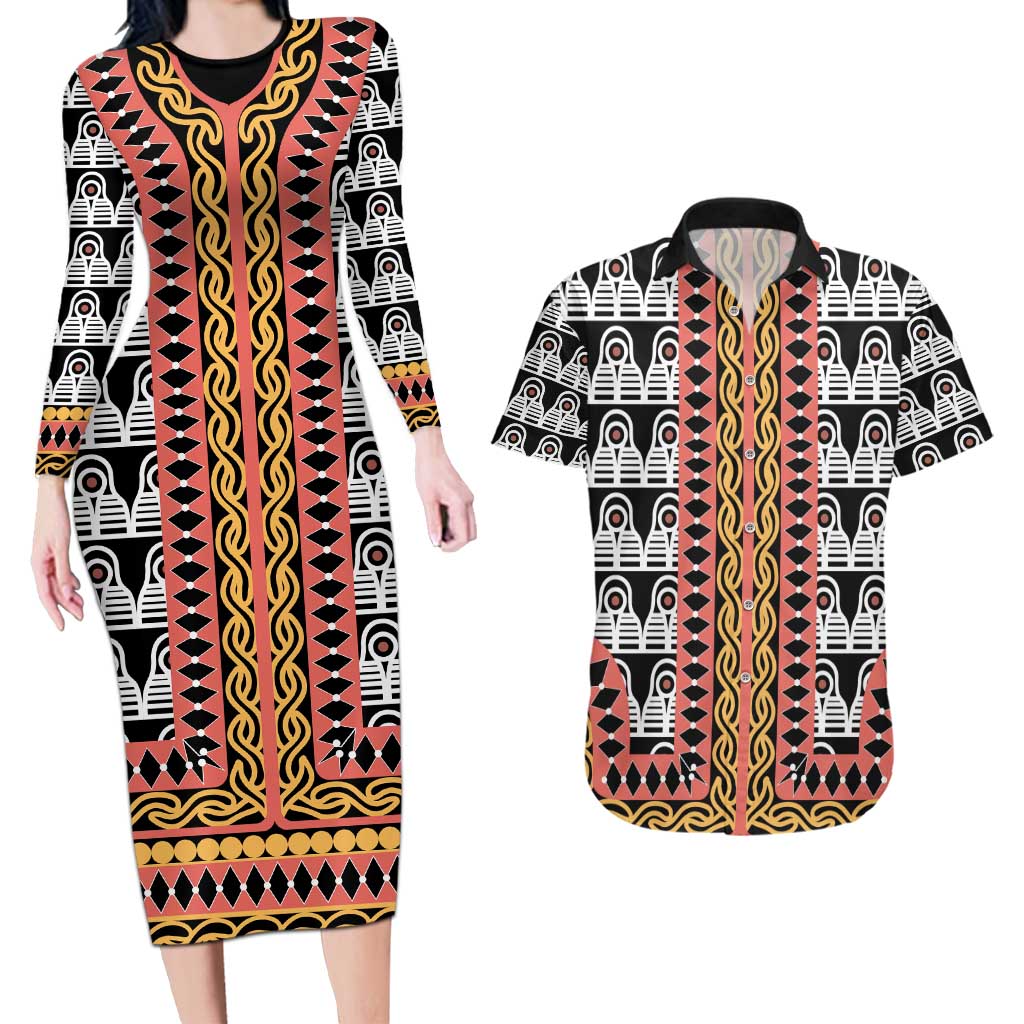 Cameroon Toghu Traditional Pattern Couples Matching Long Sleeve Bodycon Dress and Hawaiian Shirt