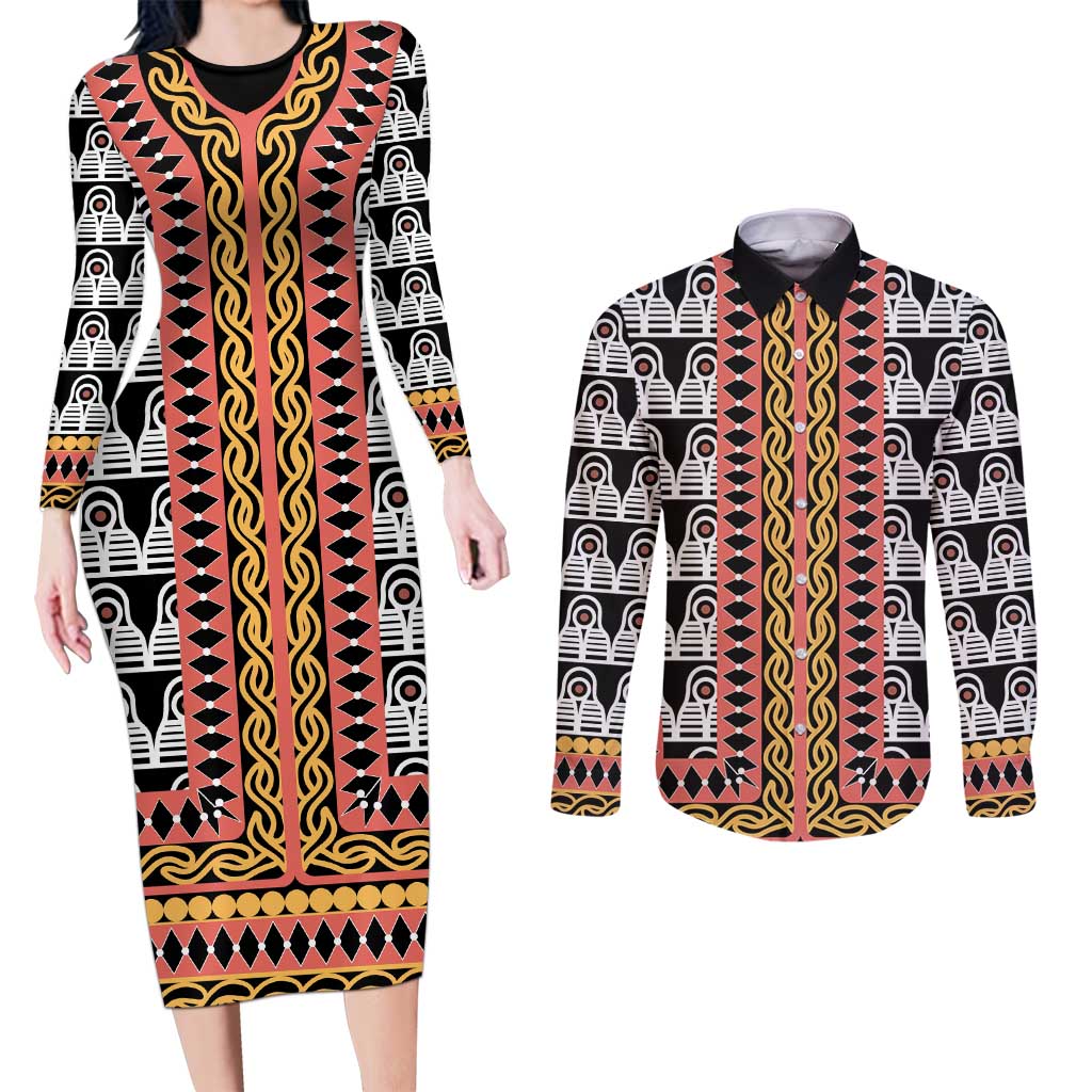 Cameroon Toghu Traditional Pattern Couples Matching Long Sleeve Bodycon Dress and Long Sleeve Button Shirt