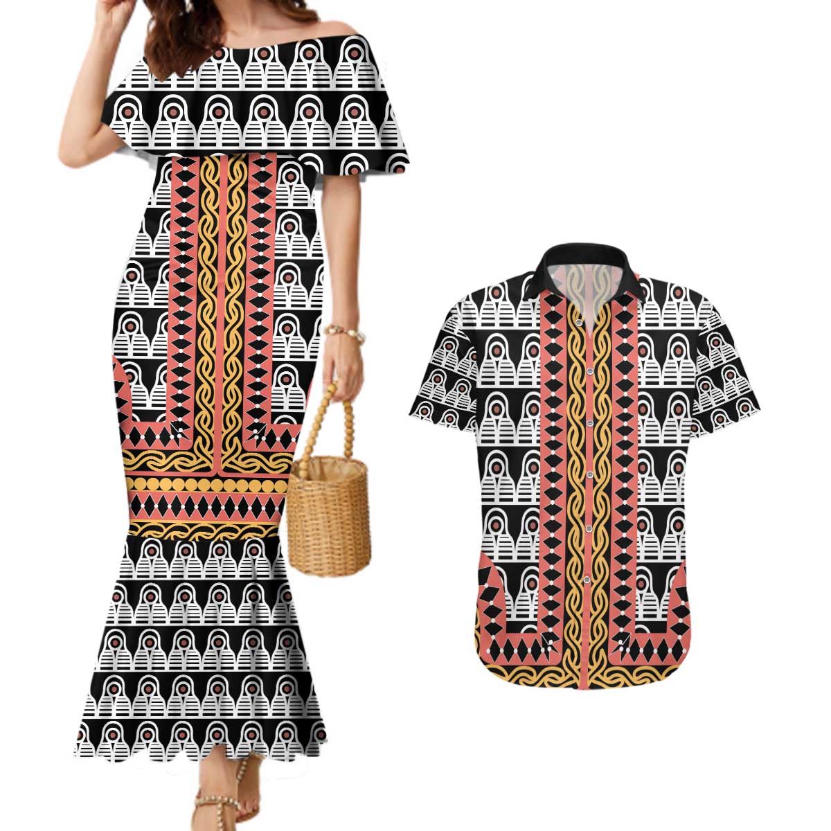 Cameroon Toghu Traditional Pattern Couples Matching Mermaid Dress and Hawaiian Shirt