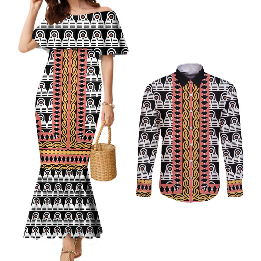 Cameroon Toghu Traditional Pattern Couples Matching Mermaid Dress and Long Sleeve Button Shirt