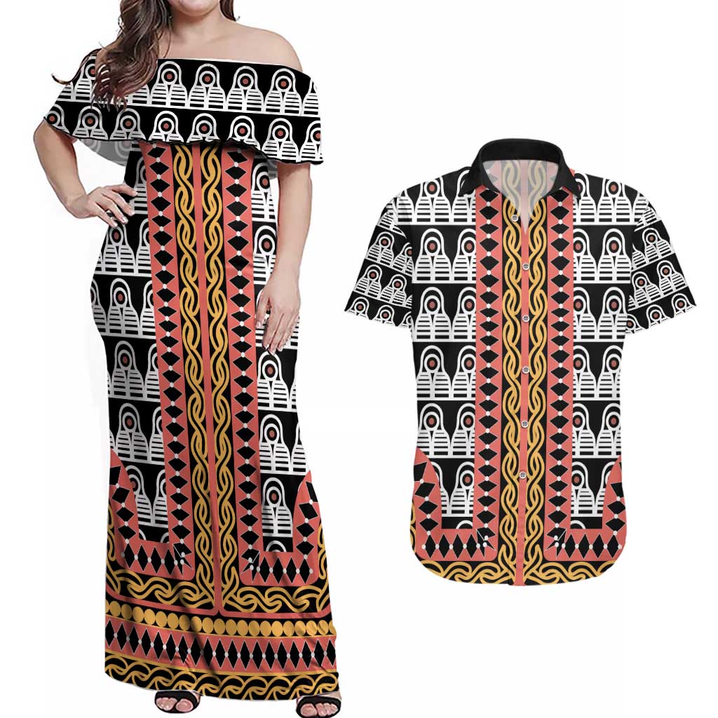 Cameroon Toghu Traditional Pattern Couples Matching Off Shoulder Maxi Dress and Hawaiian Shirt