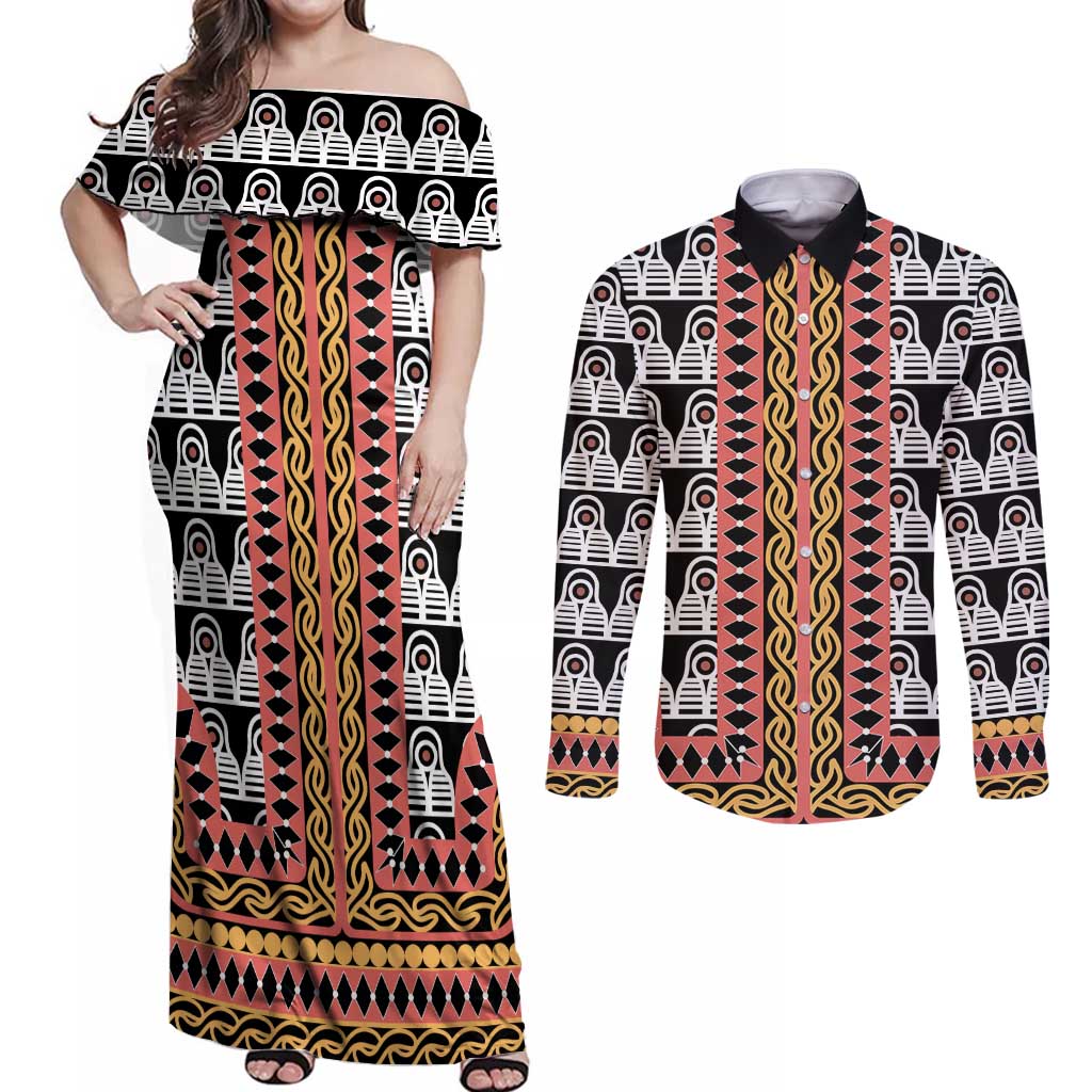 Cameroon Toghu Traditional Pattern Couples Matching Off Shoulder Maxi Dress and Long Sleeve Button Shirt