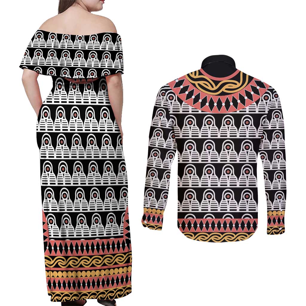 Cameroon Toghu Traditional Pattern Couples Matching Off Shoulder Maxi Dress and Long Sleeve Button Shirt