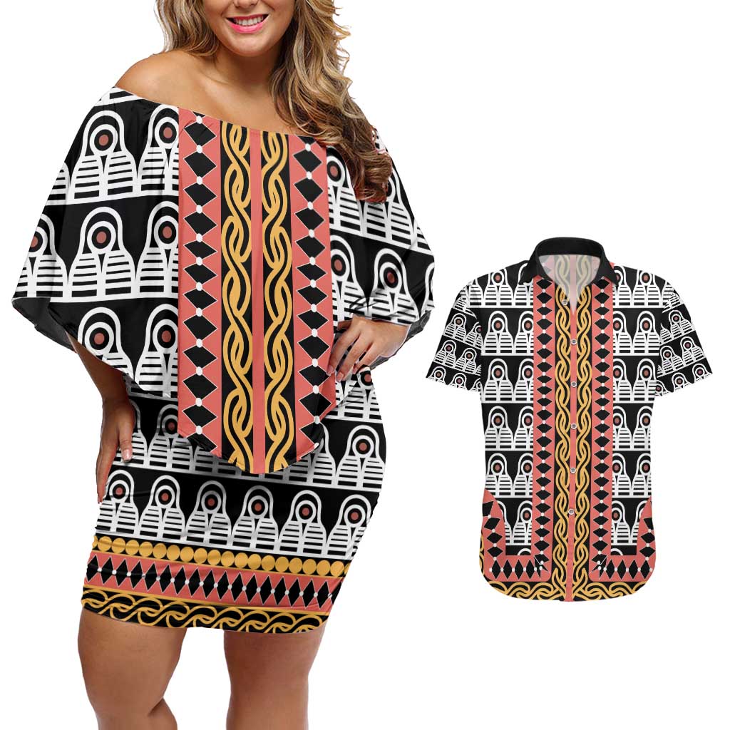 Cameroon Toghu Traditional Pattern Couples Matching Off Shoulder Short Dress and Hawaiian Shirt