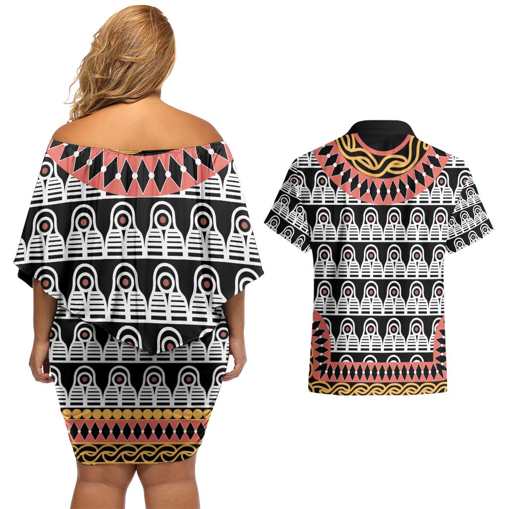 Cameroon Toghu Traditional Pattern Couples Matching Off Shoulder Short Dress and Hawaiian Shirt