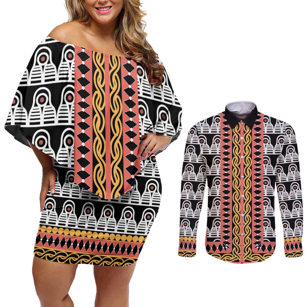Cameroon Toghu Traditional Pattern Couples Matching Off Shoulder Short Dress and Long Sleeve Button Shirt