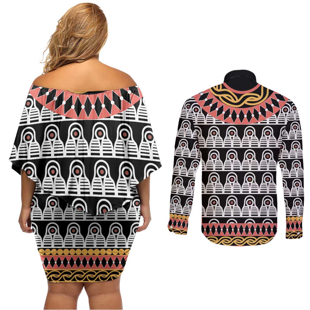 Cameroon Toghu Traditional Pattern Couples Matching Off Shoulder Short Dress and Long Sleeve Button Shirt