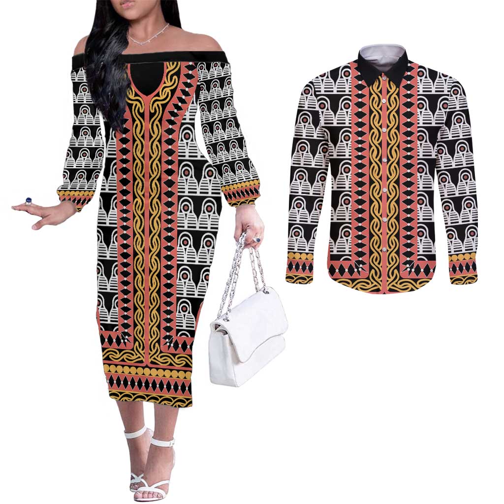 Cameroon Toghu Traditional Pattern Couples Matching Off The Shoulder Long Sleeve Dress and Long Sleeve Button Shirt