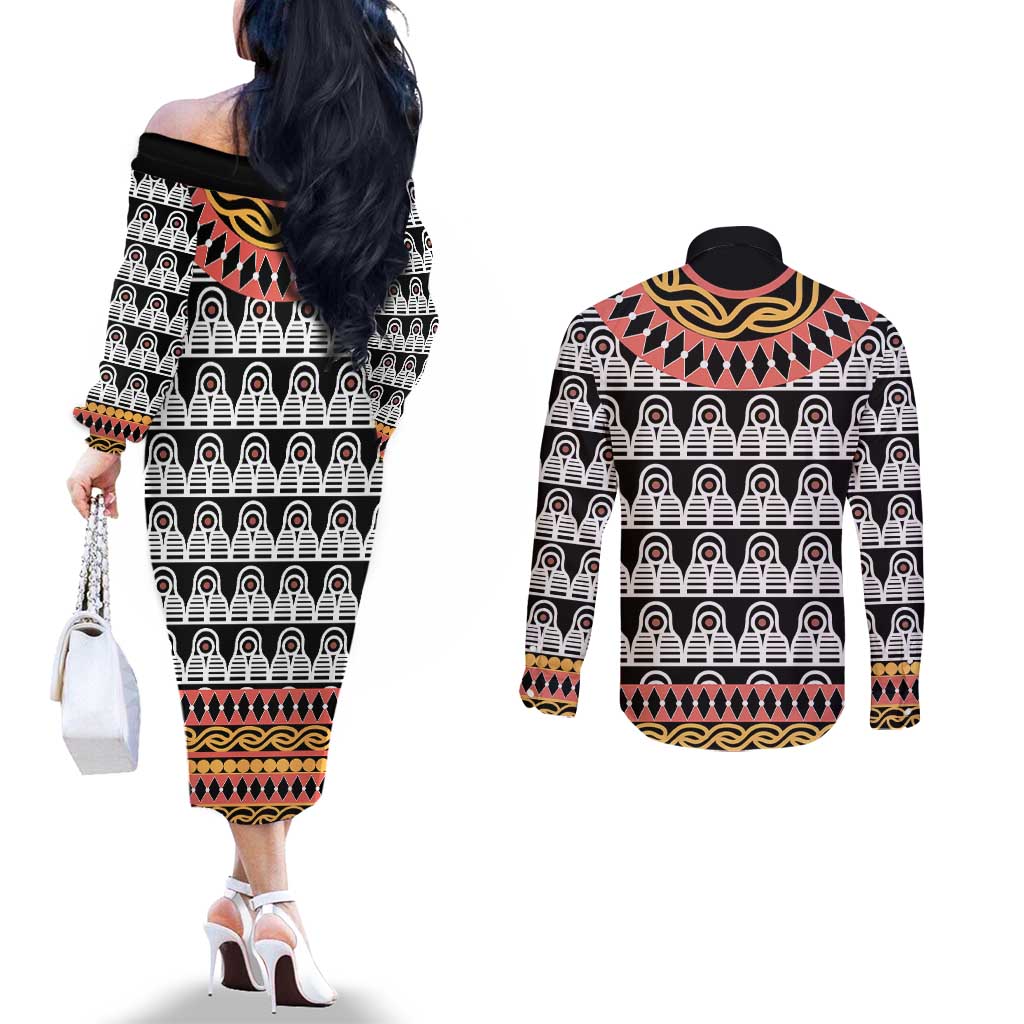 Cameroon Toghu Traditional Pattern Couples Matching Off The Shoulder Long Sleeve Dress and Long Sleeve Button Shirt