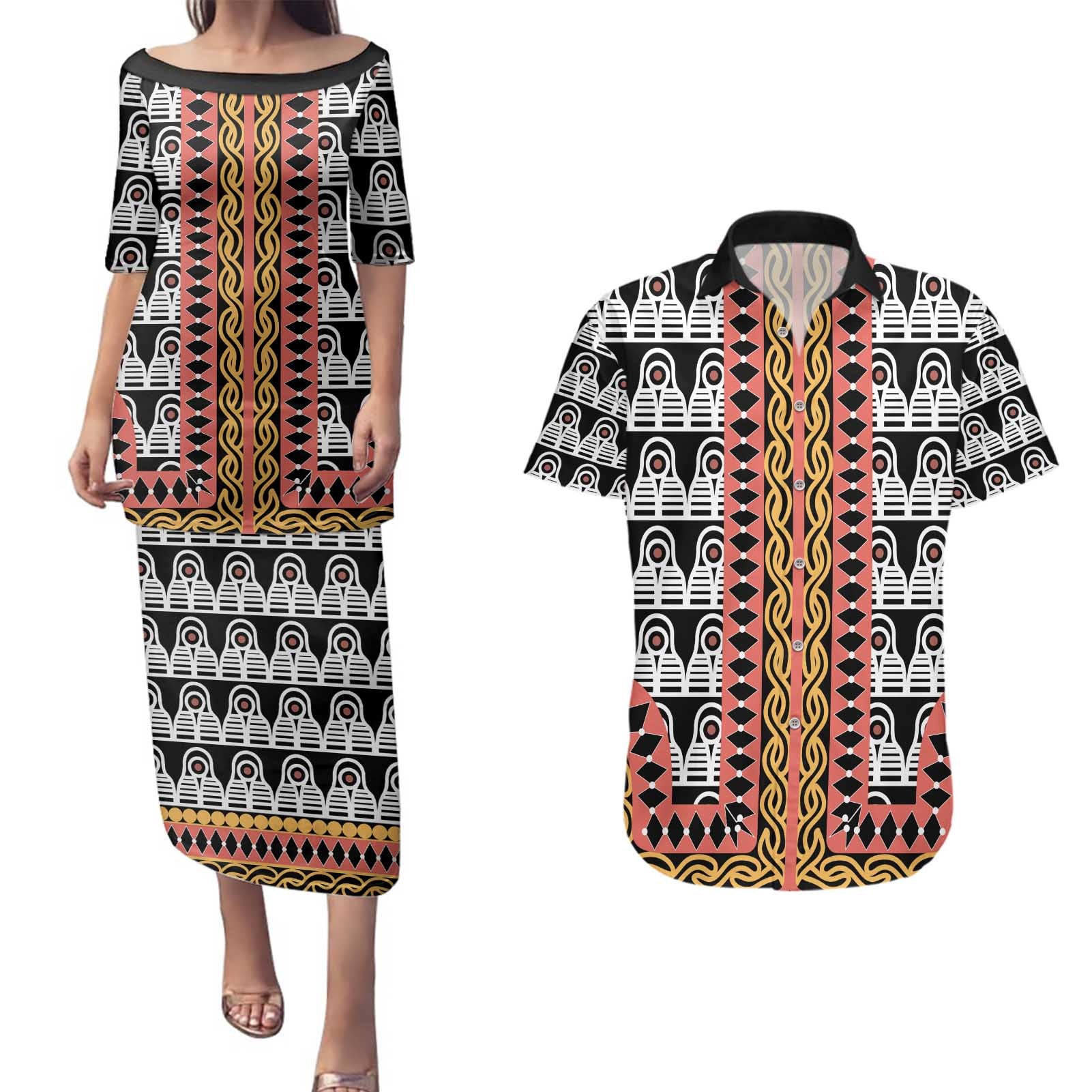 Cameroon Toghu Traditional Pattern Couples Matching Puletasi and Hawaiian Shirt