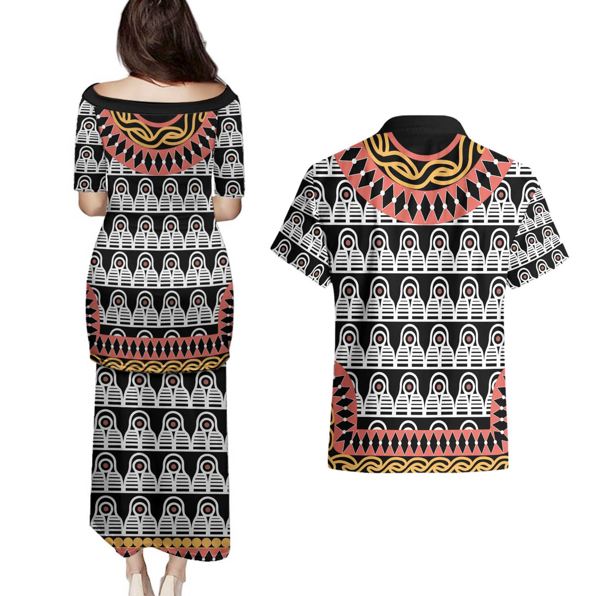 Cameroon Toghu Traditional Pattern Couples Matching Puletasi and Hawaiian Shirt