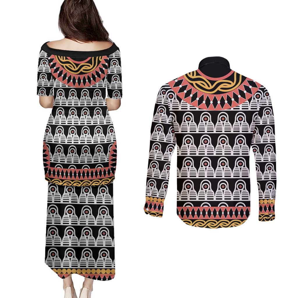 Cameroon Toghu Traditional Pattern Couples Matching Puletasi and Long Sleeve Button Shirt