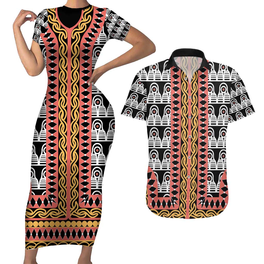 Cameroon Toghu Traditional Pattern Couples Matching Short Sleeve Bodycon Dress and Hawaiian Shirt